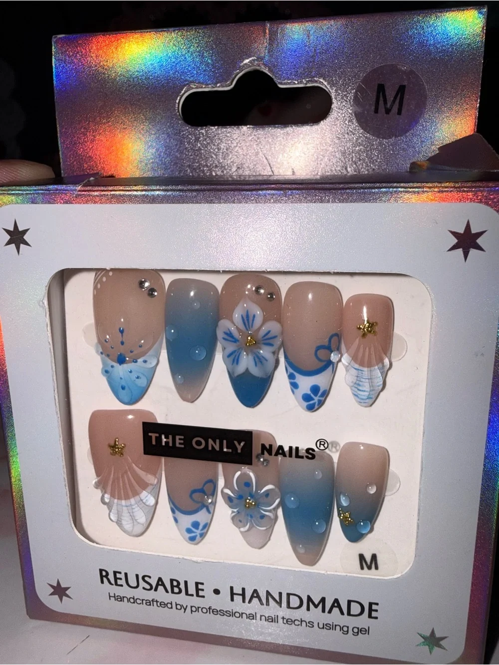 The Only Nails Reuable Handmade Blue Floral Medium Almond Press On Nails